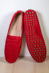 CARGESE - Mocassins Bride Daim Veau Velours Micro Perforé - Homme - Rouge Vermeil